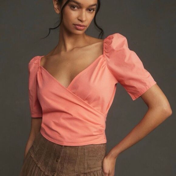 Anthropologie Coral Pink Puff Sleeve V-Neck Faux Wrap Crop Top NWT Size Small - Picture 1 of 6